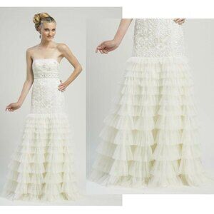 SUE WONG GOWN RUFFLE TIERED SKIRT BEADED WHITE WEDDING DRESS STRAPLESS sz 10